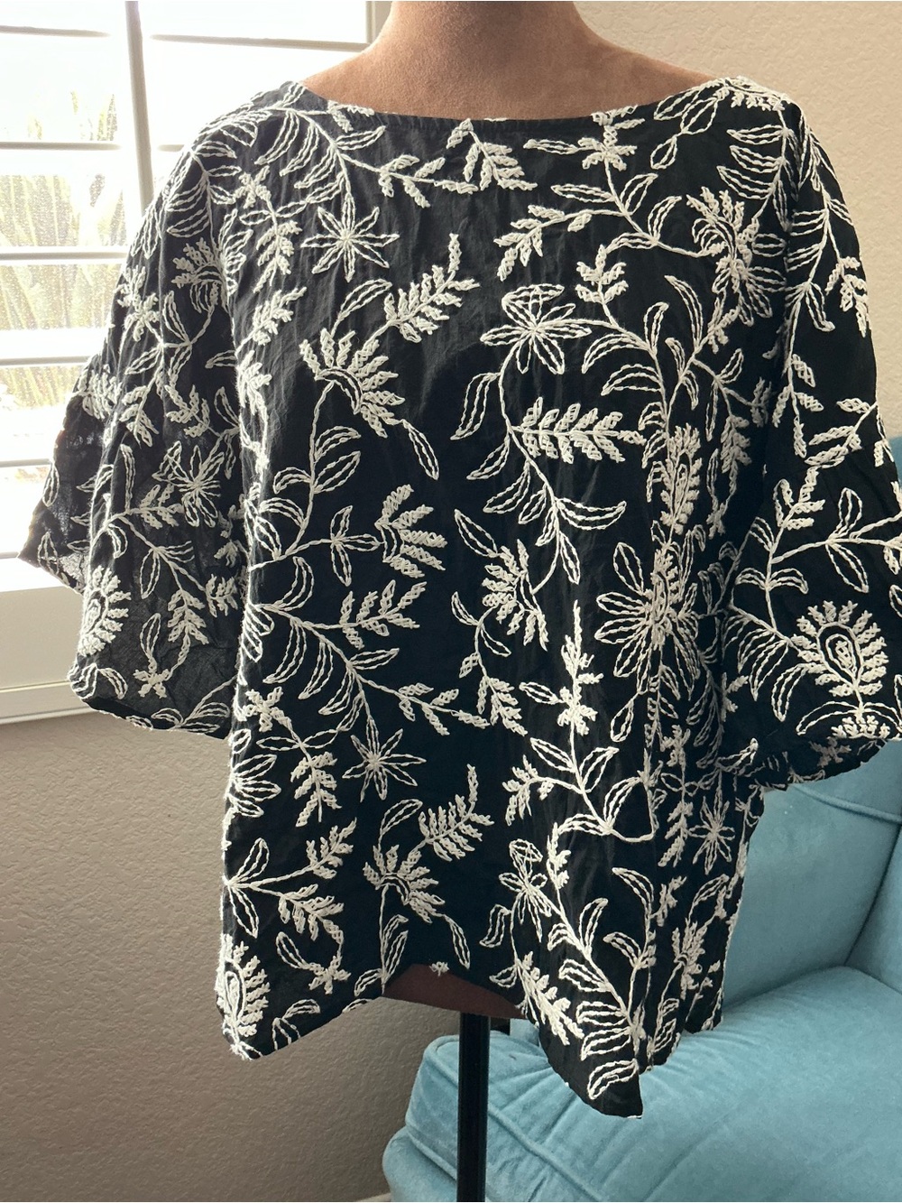 Anthropologie Rory Black Embroidered Floral Boatneck Women's Top